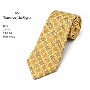 Ermenegildo Zegna Yellow Gold Jacquard Geometric  Silk Tie Italy 59"L 3.5"W